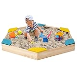 DREAMADE Sandkasten aus Holz, Sandbox mit Sitzecken, Sandkiste für Kinder für Garten Outdoor (Hexagon)