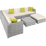 TecTake Poly Rattan Lounge Outdoor, Garten Loungemöbel Set für 6 Personen, Sitzgruppe aus 6er Sofa mit Tisch, Gartenmöbel wetterfest inkl. Hocker und Kissen - hellgrau