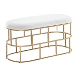 FineBuy Sitzbank Samt Weiß/Gold 90x46x38 cm Flur Polsterbank mit Metallgestell | Design Bettbank Schlafzimmer | Flurbank Garderobenbank Modern