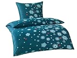 BaSaTex Winter Flausch Bettwäsche Bett Garnitur 2-teiliges Set | 135x200 + 80x80 cm | 100% Microfaser Fleece Thermofleece | Schneeflocken Smaragd