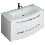Lomadox Badezimmer Waschtisch 92cm, Waschtisch-Unterschrank in Hochglanz weiß, mit Glaswaschbecken