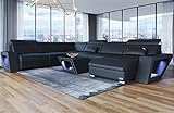 XXL Sofa Wohnlandschaft Catania mit USB und Beleuchtung Ledersofa in U Form Couch mit Kopfstützen (Ottomane rechts, Black)