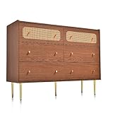Docrooup Kommode mit 6 Schubladen,Schubladenkommode, Rattan Sideboard Highboard für Schlafzimmer & alle Wohnräume, Nussbaum 90 * 120 * 40 cm