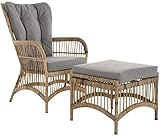 Ohrensessel/Hochlehnsessel Retro mit Hocker/Wohnzimmer- Rattan-Sessel mit hoher Rückenlehne/Hoher Korbsessel mit Eisengestell (Grau Natur)