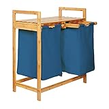 Lumaland Wäschekorb aus Bambus mit 2 ausziehbaren Wäschesäcken | Größe ca. 73 cm Höhe x 64 cm Breite x 33 cm Tiefe, Farbe: Blau