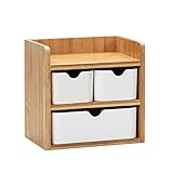 Schreibtisch Organizer - Weiß - Holz - Bambus - Make Up Kosmetik Aufbewahrungsbox - Schubladenbox - Deko - HBT: 20x20x14 - Multifunktional - 1 Ablage, 3 Schubladen - Büro, Bad und Haushalt