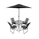 JINPALAY 6 teiliges Gartenmöbel Set 4 Stühle mit Tisch und Sonnenschirm Balkonmöbel Garten Tisch und Stuhl Set Draußen Gartengarnitur Terrassenmöbel Schwarz (Quadratischer Tisch Set)