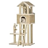 PawHut Kratzbaum Katzenbaum 130H cm Kletterbaum mit Katzenhöhle Spielbälle Jutestämmen großer Plattform Spanplatte Plüsch Khaki+Beige