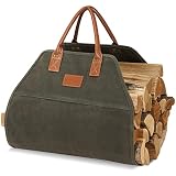 G GOOD GAIN Kaminholzträger gewachste Leinwand mit Griffen, Holzträger für Brennholz, 91,4 x 47,6 cm, robuste Kaminholz-Aufbewahrungstasche, Kaminholzträger für den Innenbereich, Holzofenzubehör Grün