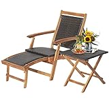 GOPLUS Deckchair mit Beistelltisch, Gartenstuhl aus Akazien Holz & Polyratten, klappbarer Liegestuhl mit Tisch für Garten, Balkon & Pool