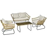 Outsunny 4 TLG. Gartenmöbel-Set, Rattan Sitzgarnitur mit 2 Sesseln, 1 Couchtisch, 1 Zweisitzer, Sitzgruppe mit Creme Kissen, Balkonmöbel-Set, Stahl+Polyester, Sand