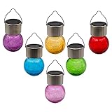 DRULINE 6er Set LED Hängelampe - Solarleuchte Balkon - LED Solarleuchte - Gartenleuchte Solar - Metall/Glas - rot/gelb/lila/blau/grün/pink - B/H ca. 6 x 9,5 cm - Geschenkidee