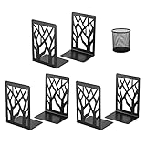 Buchstütze, 3 Paar Buchstützen aus Metall, Buchhalter Regal, CD, Ordnerhalter DVD, Dekorativer Buchstaender für Schwere Bücher, Bücherstützen für Home Office, Bücherstopper, mit 1 Stifthalter(Schwarz)