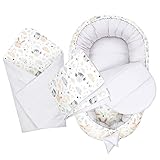 Babynestchen Set Neugeborene 90x50 cm Baumwolle - Kuschelnest Baby Nestchen 4-teilig Kokon Eulenmotiv Grau