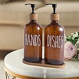 HAMON 2 Stück Glas Seifenspender Set, 500ml Spülmittelspender Küche Mit Bambuspumpe Matt Glas Seifenspender Schwarz Für Küche Und Bad Dekoration (Braun)