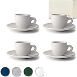 KIVY Steingut Espressotassen Set [4 x 75ml] - Dickwandiges Espresso Tassen Set mit Untertasse - Espresso Tassen weiss italienisch - Steingut Tasse - Espressotassen Weiß - Mokkatassen Set