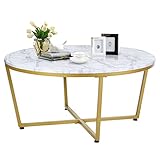 LIFEZEAL Couchtisch Rund Marmor Optik, Wohnzimmertisch mit großen Tischplatte, Kaffeetisch Sofatisch aus Metallrahmen, Beistelltisch Modern für Wohnzimmer, Büro, Golden