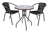 Nexos Bistroset Balkonset Rattanset – Sitzgarnitur aus Glastisch & Bistrostuhl – Stahlgestell Poly-Rattan Glasplatte – robust stapelbar – dunkel-braun