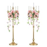 Sziqiqi 124cm Gold Kerzenständer Metall 2er Set, Moderne Kerzenleuchter 5-armig Candle Holder Tischdeko für Hochzeit Weihnachten und Erntedankfest