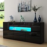 Modernes Hochglanz Buffet Anrichten Schränke Sideboard mit LED Lichter 5 Schubladen 3 Türen für Schlafzimmer Wohnzimmer Home Office Schwarz