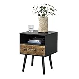 [en.casa] Beistelltisch Gävle 57 x 42 x 40 cm mit Schublade Nachttisch mit Ablagefach Schwarz/Dunkler Holzton