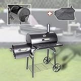 DRULINE Smoker - Grill – inkl. Abdeckhaube - BBQ - Holzkohlegrill - Lokomotive - Stahl schwarz - Grillflächen ca. 66 x 41 cm/30 x 30 cm - Geschenk für Männer
