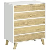 HOMCOM Kommode mit 6 Schubladen, Schubladenschrank, Sideboard, Beistellschrank mit Kippschutz, für Wohnzimmer, Schlafzimmer, Weiß+Natur, 80 x 40 x 95 cm