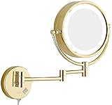 FFOCCO Make-up-Spiegel mit Lichtern und Vergrößerung, 20,3 cm, doppelseitig, Messing, 360° drehbar, ausziehbar, wandmontierter LED-Kosmetikspiegel mit Schalter, Gold, 3X (Color : Gold, Size : 5X)