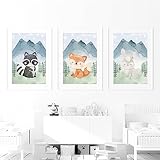 Kinderzimmer-Druck 3-Teilig Fuchs Kaninchen Waschbär Cartoon Waldtiere Kunst Leinwand Poster und Drucke Gemälde Wandbilder für Kinderzimmer Kinderzimmer Dekoration-40 * 50Cm/16 * 20 Zoll (Ungerahmt)