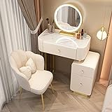 Schminktisch-Set mit Hocker und um 360 Grad drehbarem Spiegel Felsplatte Schminktisch 3 Schubladen Waschtischmöbel Einfach zu montieren für Schlafzimmer auf kleinem Raum