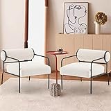 Mingone 2er Set Sessel Weiß Cocktailsessel Modern Loungesessel Ohrensessel Lammwolle mit Schwarz Metallbeinen für Wohnzimmer Schlafzimmer bis 120kg