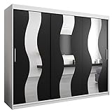 Kryspol Schwebetürenschrank SEWILLA 250cm mit Spiegel Kleiderschrank mit Kleiderstange und Einlegeboden Schlafzimmer- Wohnzimmerschrank Schiebetüren Modern Design (Weiß + Schwarz)