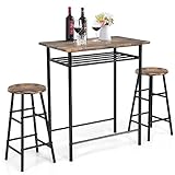 COSTWAY 3-teilig Bartisch mit 2 Barhockern, Esstisch Holz, Stehtisch mit Ablage, Bistrotisch mit 2 Stühlen, Sitzgruppe (Vintage)