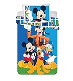 JFabrics Bettwäsche-Set für Babybett, Donald Pluto Goofy Mickey, Bezug Bettdecke 100 x 135 cm, Kissen 40 60 Prozent Baumwolle, Blau