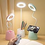 Schreibtischlampe Kinder, Schreibtischlampe LED mit Fernbedienung, Timing, Große Batteriekapazität, 3 Lichtmodi und Dimmbar, Tischlampe Mädchen mit Stifthalter & Handy Ständer, Wiederaufladbare, Rosa