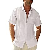 Celucke Leinenhemd Herren Kurzarm Breiter Kragen Einfarbig Freizeithemd Sommerhemd Leinen-Shirt Sommer Strand Casual Urlaub Hemden Leichte Atmungsaktives Bequem (Weiß, L)