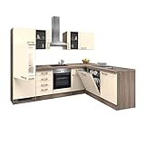 RIWAA - Küche Eck-Küche Belfast mit Elektrogeräten und 2 Glashängeschränken - 15-teilig - Breite 280 x 170 cm - Creme Samtmatt/Eiche Dekor