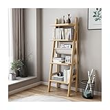 ZAJ Regal Leiter-Bücherregal aus massivem Holz, 5-stöckiges Bücherregal mit Taschenaufbewahrung, massives Gummiholz-Bücherregal, Organizer für Wohnzimmer Standregal Bookshelf