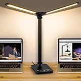 Mefine Schreibtischlampe LED Dimmbar Doppelkopf Schreibtisch Lampe 10 Helligkeitsstufen und 5 Farbtemperatur Schreibtischleuchte Augenschutz Tageslichtlampe Bürolampe Schwarz mit Duale USB-Anschluss