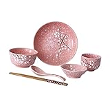 DOITOOL 6-Teiliges Set Mit Blumendekor Japanische Ramen-Schüssel Glas-Set Geschirr-Set Schüssel- Und Teller-Set Geschirr-Set Keramik-Set Headset-Schale Rosa Ramen-Löffel Kirsche