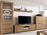 Furniture24 Wohnwand Anbauwand Sky - Tv Schrank Vitrine mit LED Beleuchtung Hängeregal Kommode (Riviera Eiche)