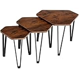 TecTake Beistelltisch 3er Set, sechseckiger Couchtisch in 3 Größen, Industrie-Stil, Holz Satztische platzsparend untereinander verstaubar, schwarzes Metallgestell (Industrial Dunkelbraun)