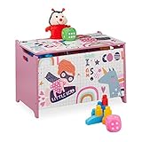 Relaxdays Spielzeugtruhe, mit Heldin-Motiv, Spielzeugkiste mit Deckel, HBT: 39x60x36,5 cm, MDF, Spielzeugbox, rosa/weiß
