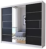 Fabryka Mebli Idźczak Schwebetürenschrank Alba 250 cm, Schiebetürenschrank mit Spiegel, Kleiderschrank Kleiderstange und Einlegeboden, Schlafzimmerschrank, Schiebetüren, Modern Design (Weiß/Schwarz)