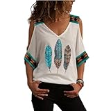 Damen Oberteile mit geometrischem Aufdruck kalte Schulter Blusen Sommer kurzärmlig Shirt Freizeithemden V-Ausschnitt Tunika Oberteile Übergröße lose Bedruckt kurzärmelig Hemd lässige T-Shirts S-5XL