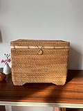 HQT Rechteckiger, handgewebter Rattan-Regalkorb mit Deckel, dekorativer Aufbewahrungskorb, Aufbewahrungsbox, Organizer-Mülleimer für Regale, Aufbewahrung zu Hause (41 x 37 x 27 cm)