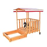 Melko Sandkasten Sandbox mit Abdeckung und Sonnenschutz aus Holz für Kinder, 182 x 100 x 140, mit Veranda und Geländer, Dach rot weiß