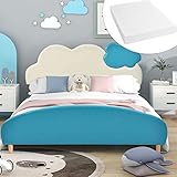 Tkopy Doppelbett Polsterbett, 140x200cm Bett mit Lattenrost und Matratze, Kinderbett, Jugendbett, Rückenlehne Bett, Bettkopf mit lustiger Wolkenkopfteil, PU-Leder, Blau+Weiß