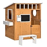 Outsunny Spielhaus für Kinder Holz Kinderspielhaus mit Fenster Briefkasten Outdoor Gartenspielhaus mit Blumentopfrack Holzspielhaus für 3-8 Jahre Tannenholz Gelb 122 x 108 x 135,5 cm