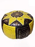 Orientalischer runder Pouf aus Leder ø 45cm Rund 30cm Hoch inklusive Füllung | Marokkanisches Sitzkissen Sitzpouf Kissen Merzougha Schwarz Gelb | Marokkanischer Hocker Sitzhocker Fusshocker